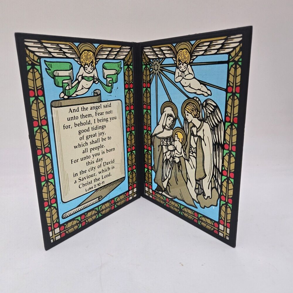 Christmas Nativity Glass Bifold 2 Panels Angels Verses from Luke Reverse Painted